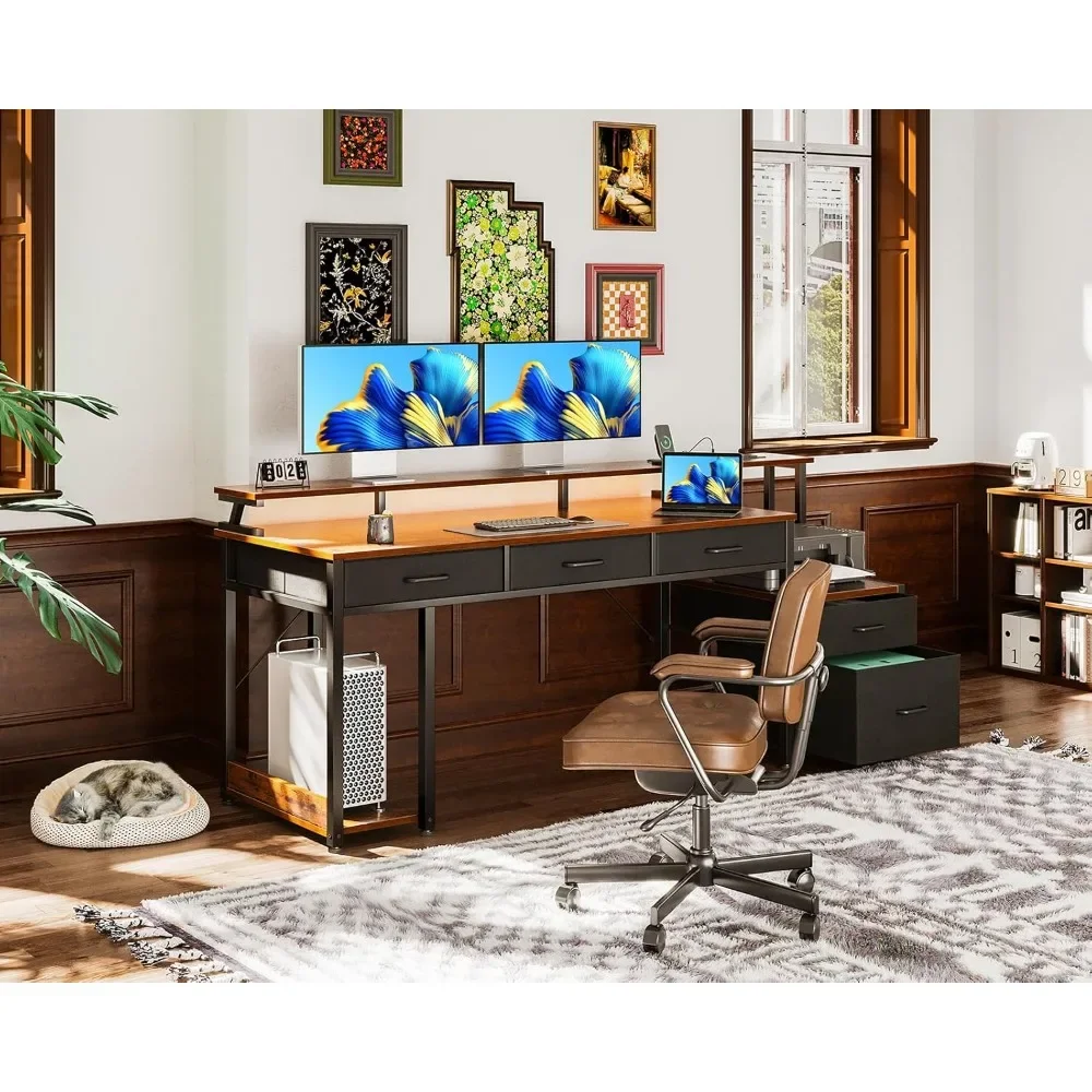 Computer Desk with File Drawer, Reversible Office Desk with 4 Drawers & Power Outlet,LED Strip,Home Office Desk w/ Monitor Shelf
