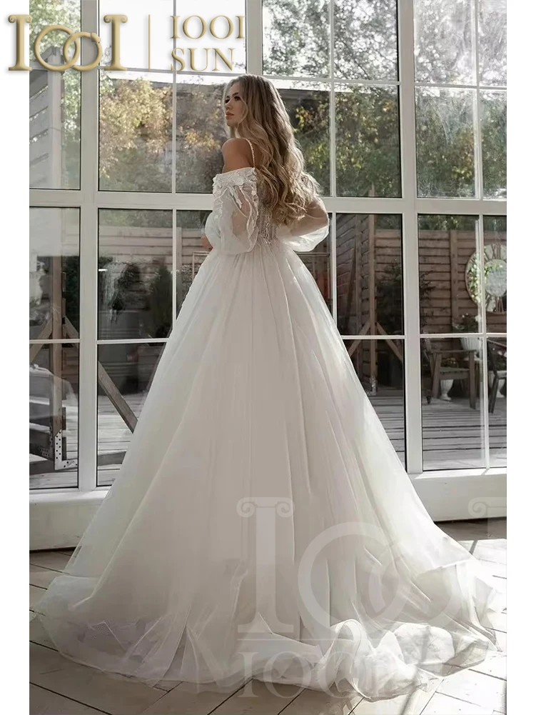 IOOISUN Wedding Dresses Puff Sleeve Appliques Lace 3D Flowers off Shoulder Tulle Boho Bride Gown vestidos de novia Customized