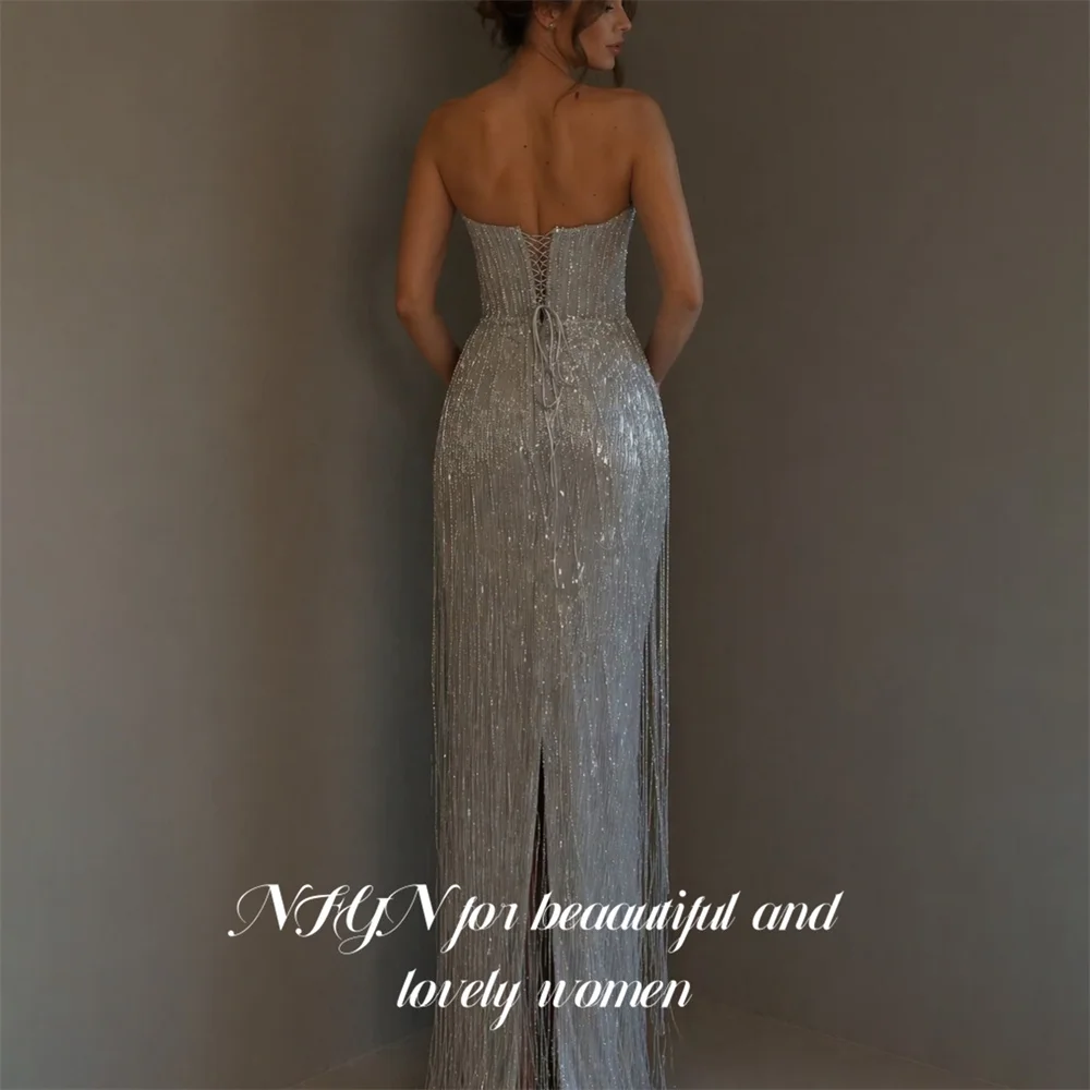 NFYN Sliver Evening Dress Strapless Sleeveless Prom Dress Glitter Sequin Tassel  Party Dress Gala Dress for Women Customized image 2
