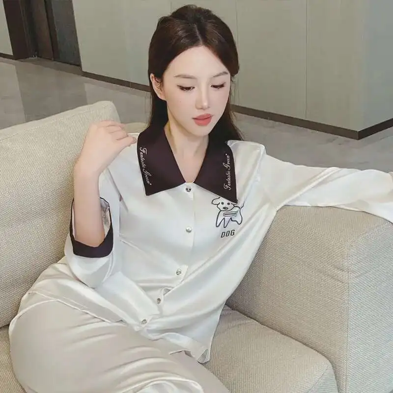 

Fashionable Comfortable Pajama Women Spring New Ice Silk Sweet Cute Cartoon Simple Long Sleeve High Quality Ice Silk Pyjamas Set