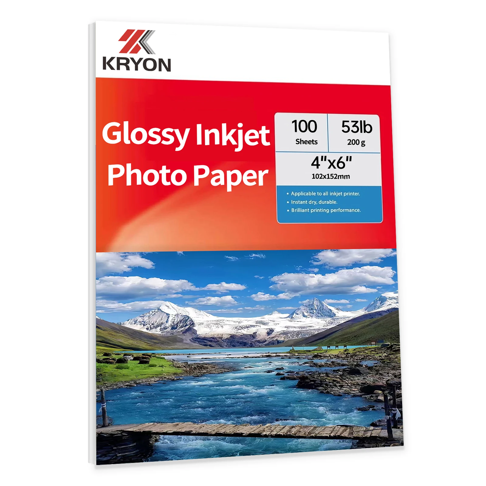 KRYON 102x152mm Size High Glossy Photo Paper 4x6 Inches 100 Sheets 53Ib 200Gsm For Inkjet Printer