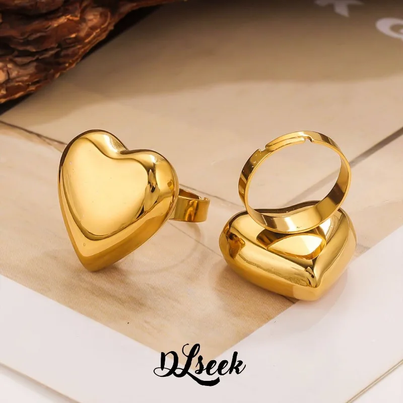 

DLseek Glossy Three Dimensional 25mm/30mm Peach Heart Ring Colorfast 18K Gold Stainless Steel Adjustable Rings for Women Jewelry