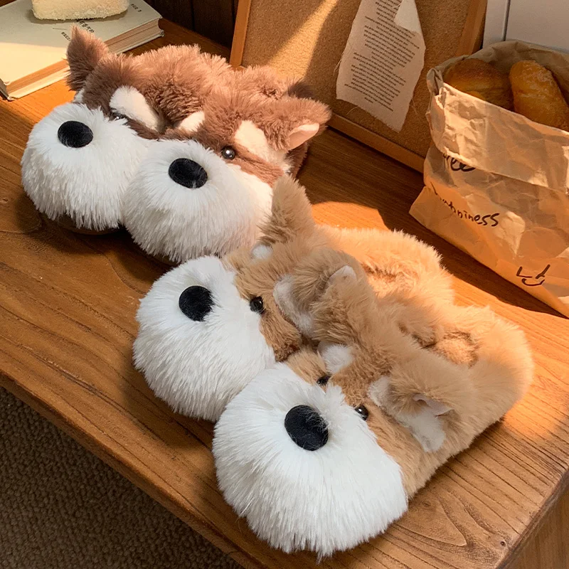 حقيبة كلب كرتونية لطيفة مع ممسحة قطنية للنساء شتاء جديد للمنزل الداخلي ونعل سميك ومضاد للانزلاق أحذية قطنية دافئة للزوجين