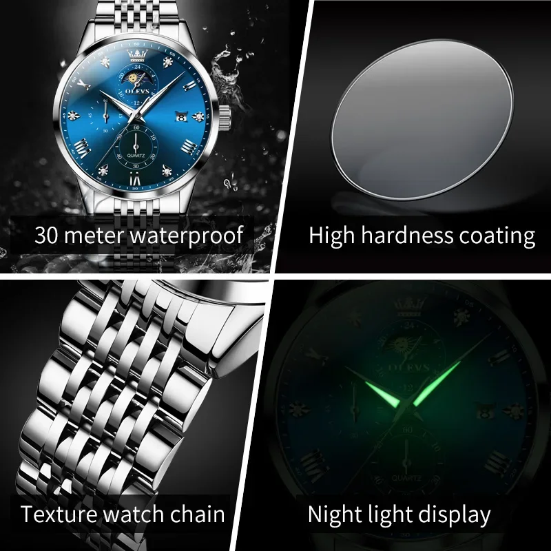 OLEVS 2925 Moon Phase Quartz Watch Men Date Roman Scale Waterproof Hand Clock Luminous Luxury Business Man Watches