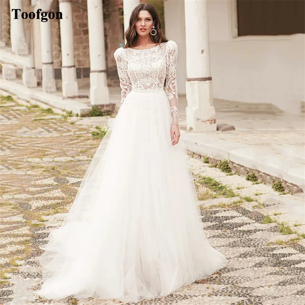 

Toofgon A Line Tulle Lace Bride Dresses Long Sleeves Scoop Beach Formal Party Wedding Dress 2024 Special Occasion Bridal Gowns