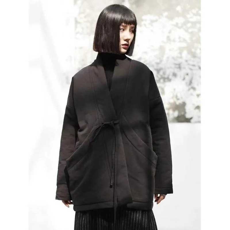 Women's Autumn Winter 100% Cotton Coat Warm High Quality Parkas Retro Harajuku Tie Simple Loose Design Fashion Puffer Jacket