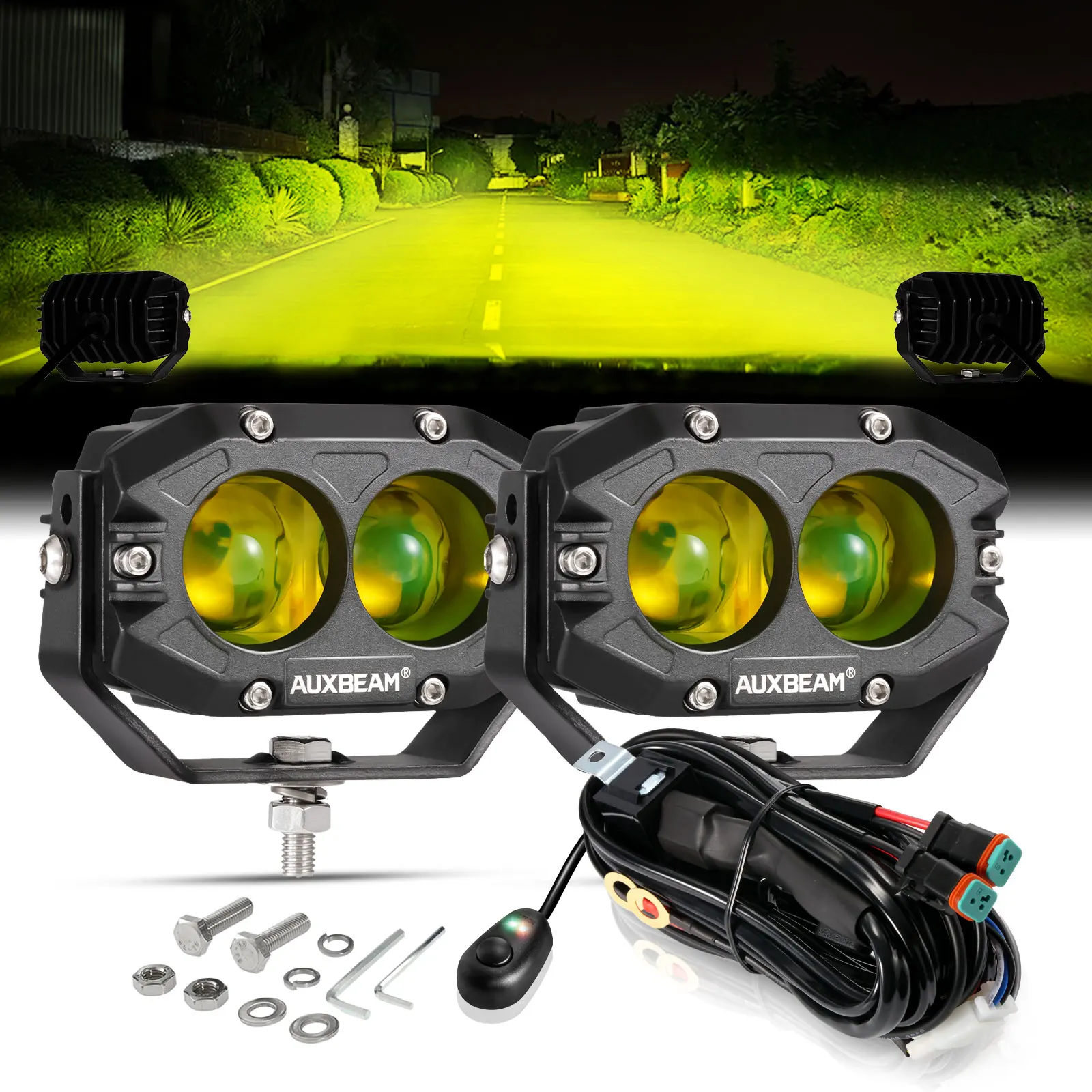 Auxbeam R4 Series 4 Inch 60W Amber Fog Lights Spot Offroad LED Pod Lights for Jeep Off Road Truck Motorcycle