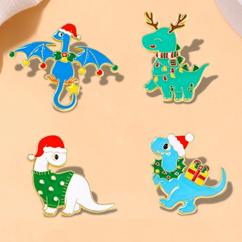 Cute Cartoon Dinosaur Christmas Brooch Creative Student Metal Badges Pins DIY Clothes Bags Hat Scarf T-shirt Jeans Accessories
