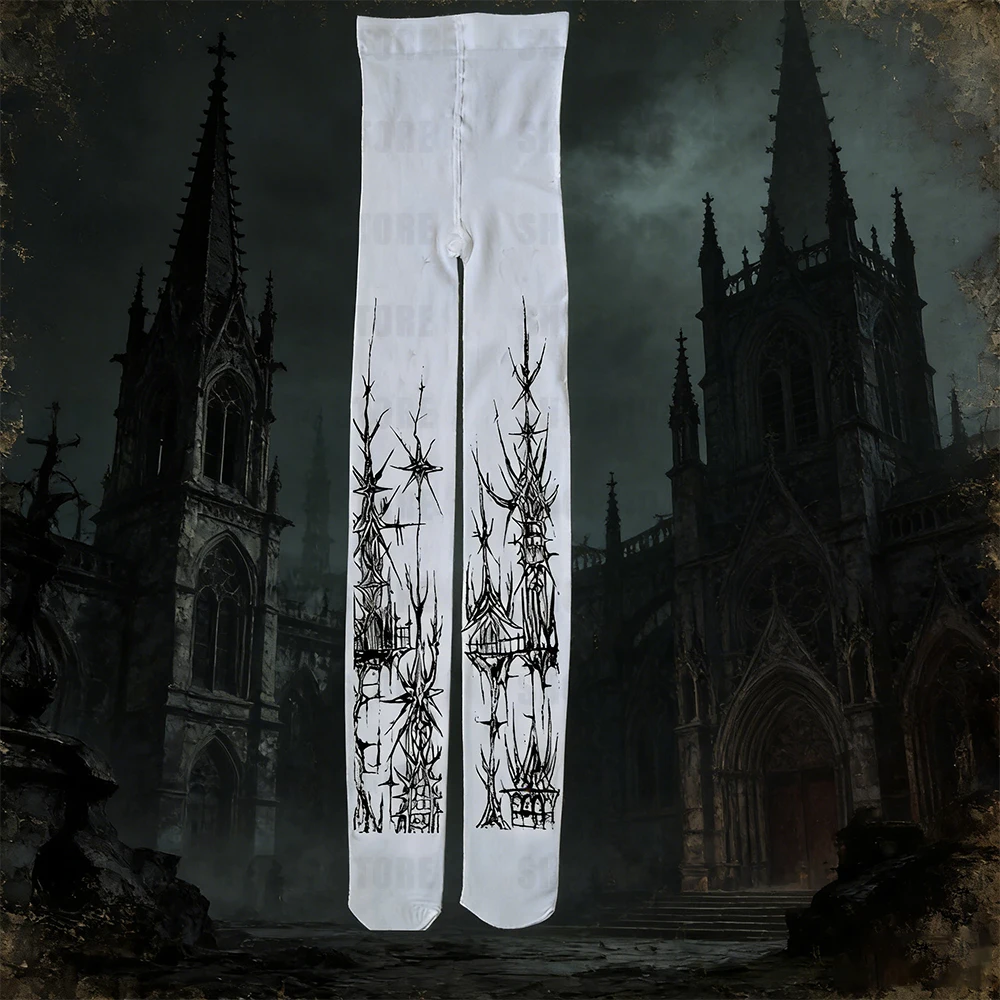

Gothic women's fashionable and chic printed pantyhose paired with white cute Harajuku Y2K girl Lolita Emo style retro 2000s