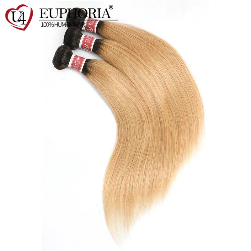 Ombre Color Straight Hair 3 Bundles 1B/Blonde 27# Color Brazilian Remy Human Hair Weaving Extensions 3/4 Pcs Bundles Euphoria