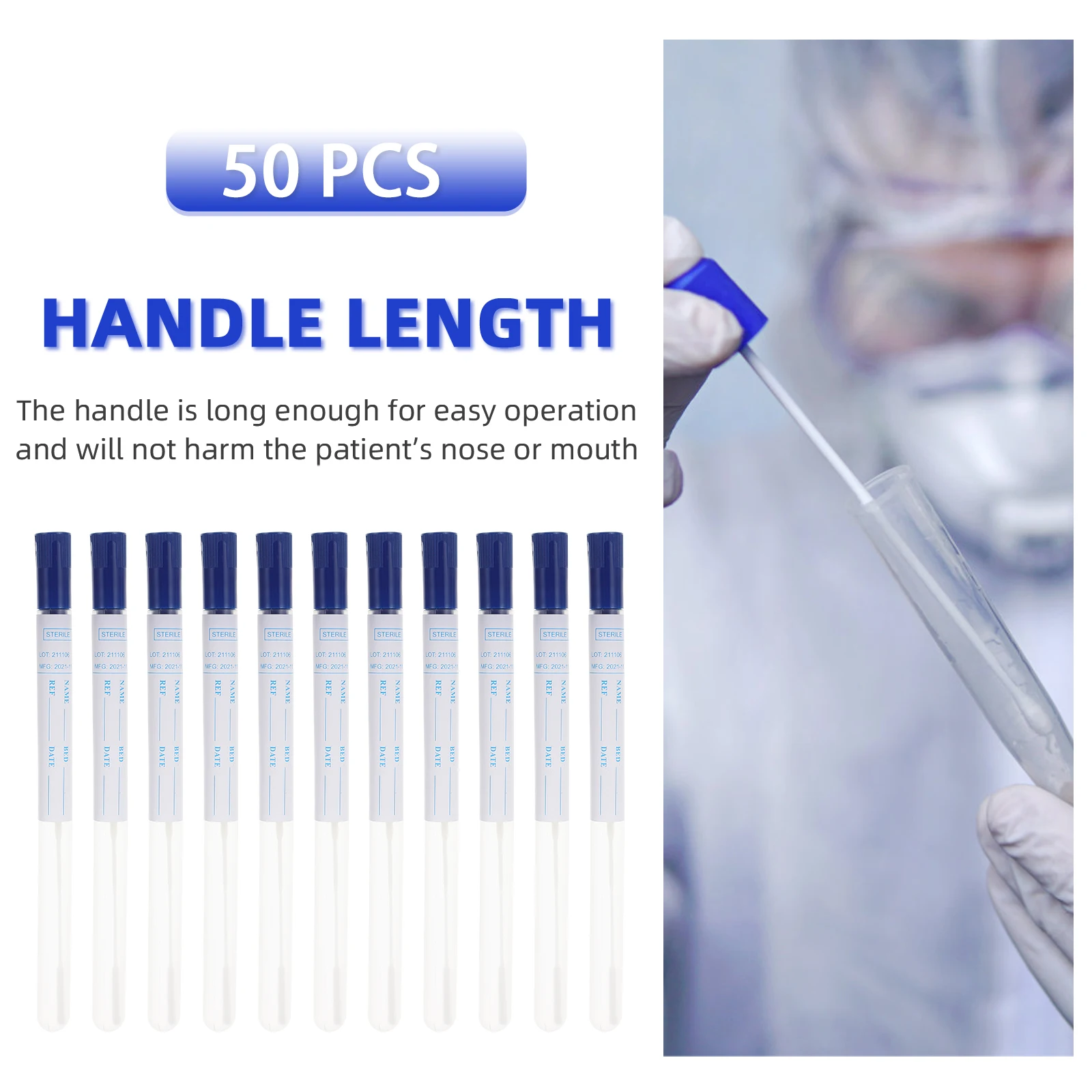 50 Sets Disposable Nasal Swabs Sampler Flocked Sterile White Lightweight Portable Testing Specimen Medical Accessory