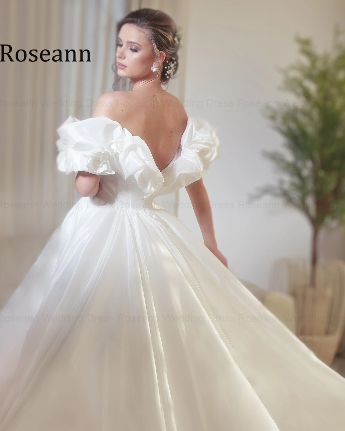 Roseann Wedding Dress Off Shoulder Sweetheart Satin amanda novias oficial 3D Floral Puff Sleeve Backless Bridal Gown Customized