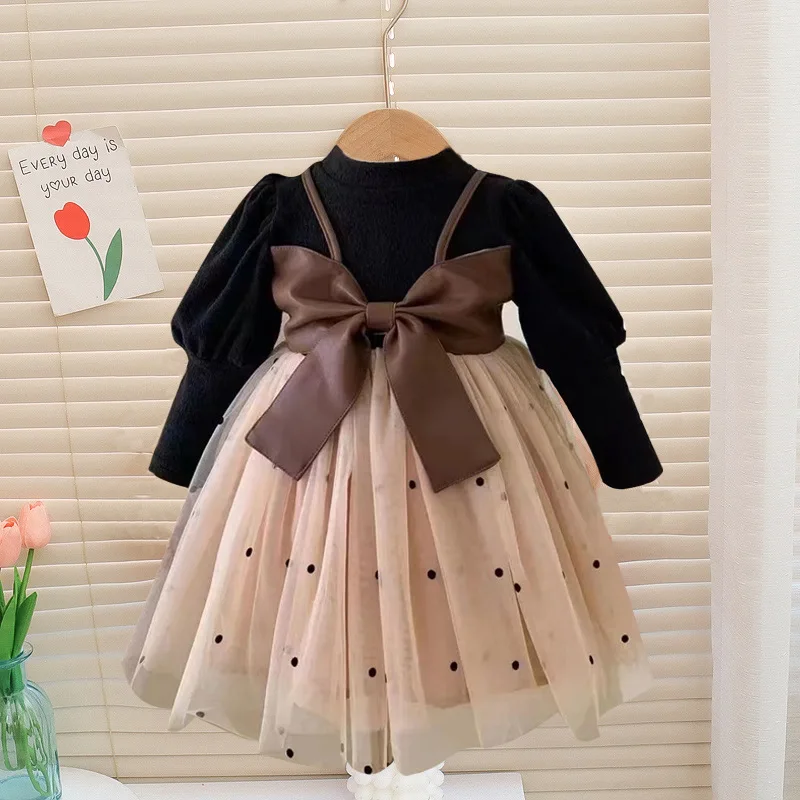 Spring Girls Long Sleeved Dress Bow Cute Baby Dress 1-3 Years Old Girls Fluffy Mesh Skirt Sweet Children Princess Dress