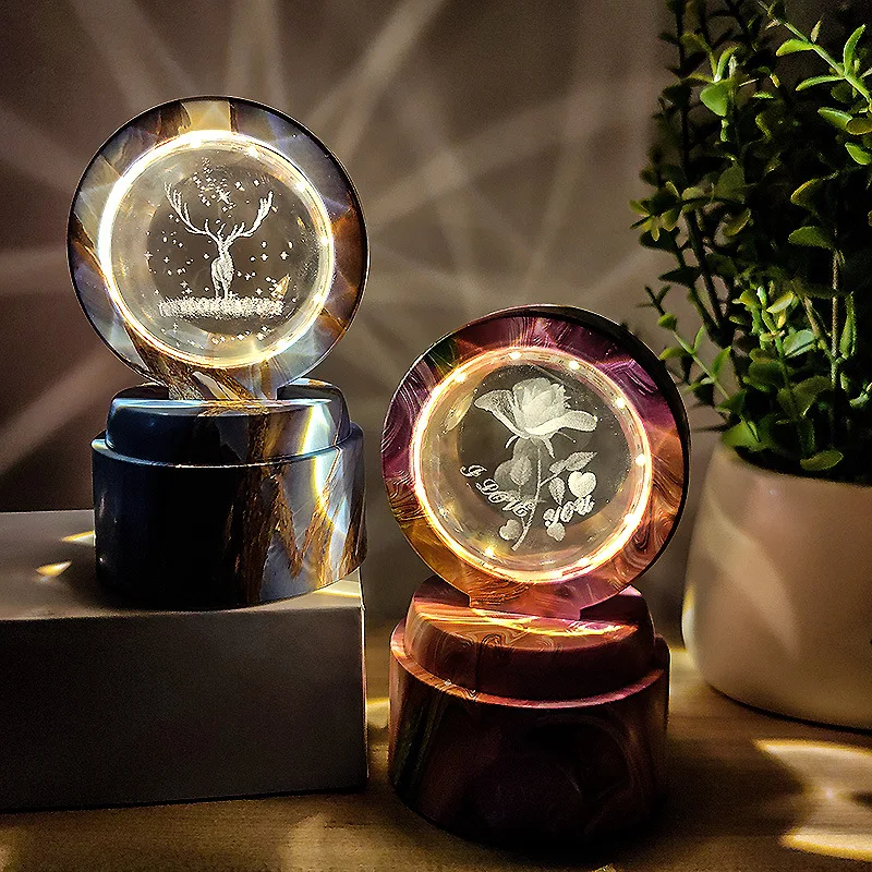 

3D Crystal Ball Rotating Flower Glass Balls LED Night Light Desktop Ornament Christmas Valentine's Day Birthday Gifts Party Deco