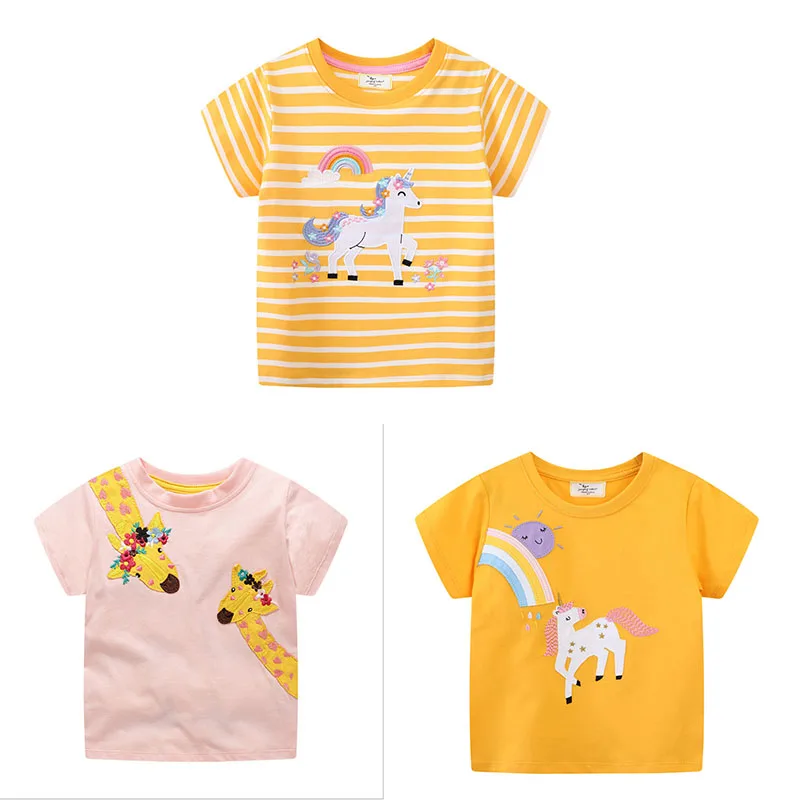 Jumping Meters 2-7T  Summer Girls T Shirts Short Sleeve Animals Applique Kids Tees Tops Baby Costume Children's Clothes Shirts