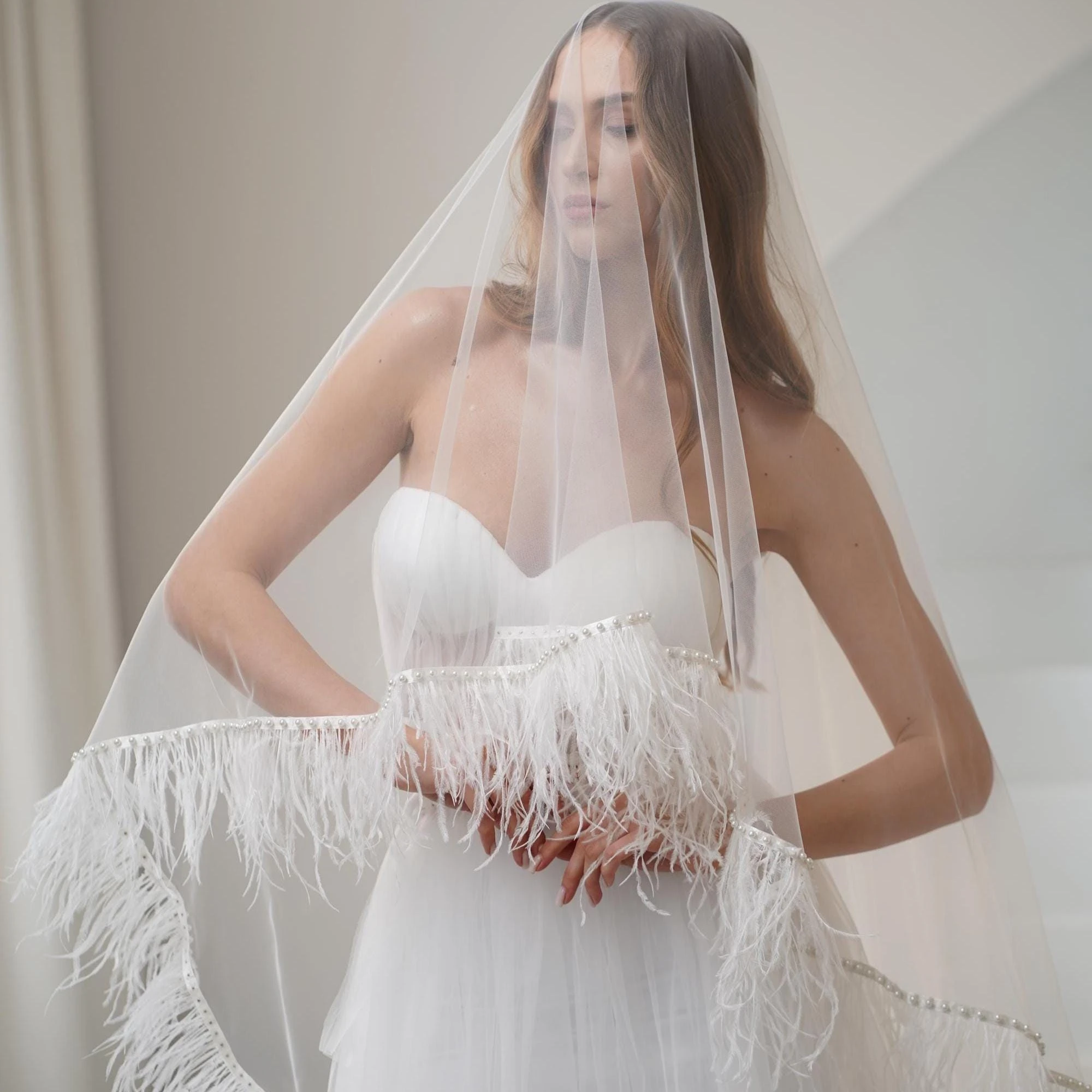 Designer Feather Beaded Wedding Veils with Comb Wedding Accessories 3M Cathedral Wedding Veil Customized