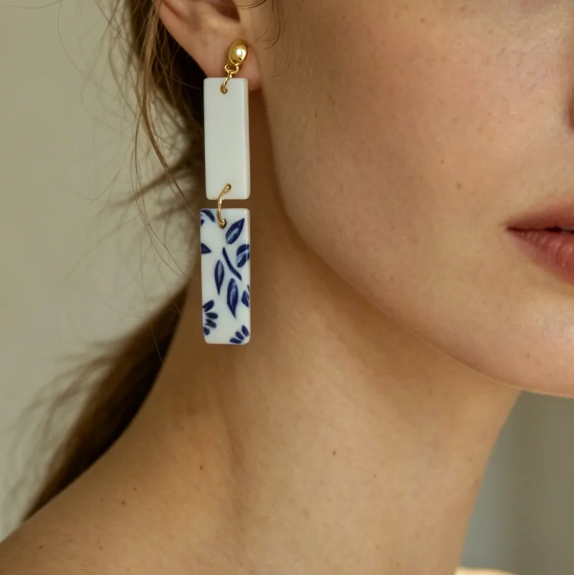 Mediterranean Style Blue Floral Clay Earrings Vintage Aesthetic White Navy Dangle Unique Artsy Tassel Fringe Jewelry Trendy Acce