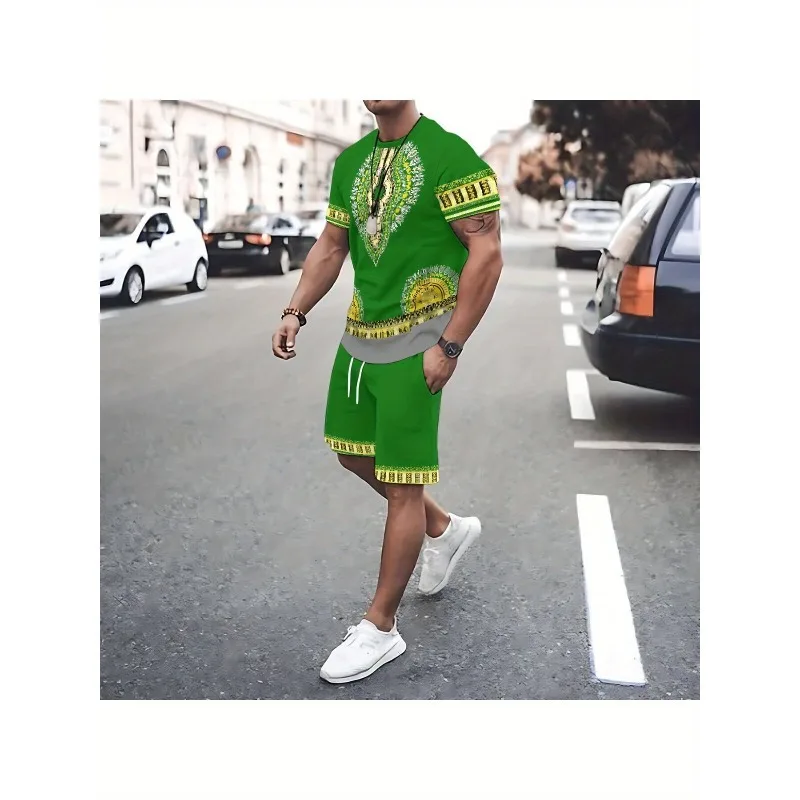 

2025 модная мужская футболка с 3D принтом, шорты, модный повседневный спортивный комплект из полиэфирного волокна с круглым вырезом и короткими рукавами