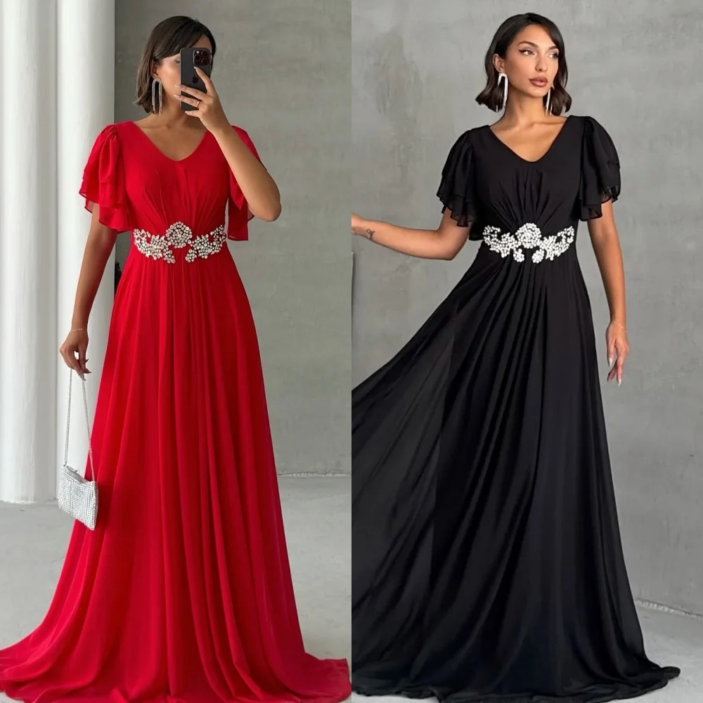 

Customized Casual Simple Chiffon Rhinestone Pleat Draped A-line V-neck Long Dresses Bespoke Occasion Dresses Retro Exquisite