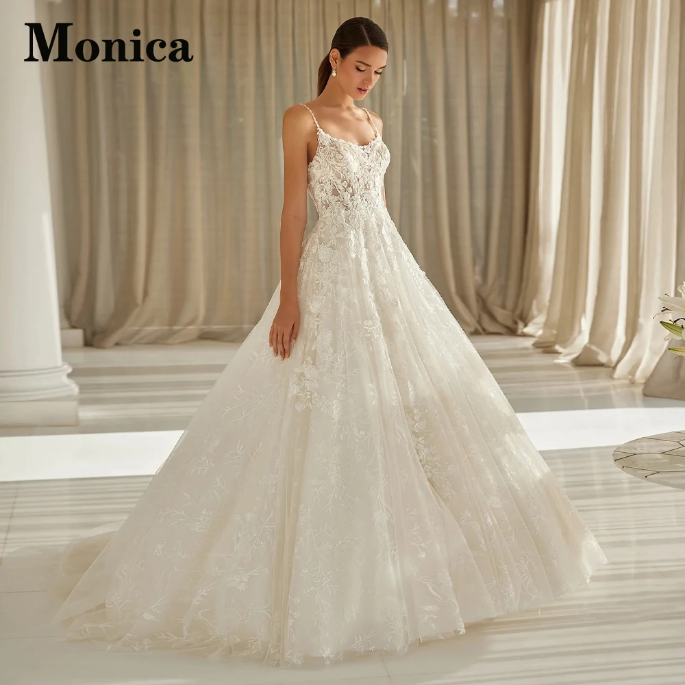 MONICA Charming A-Line Wedding Gown for Bride Tulle Lace Appliques Spaghetti Straps Court Train Vestidos De Novia Customised