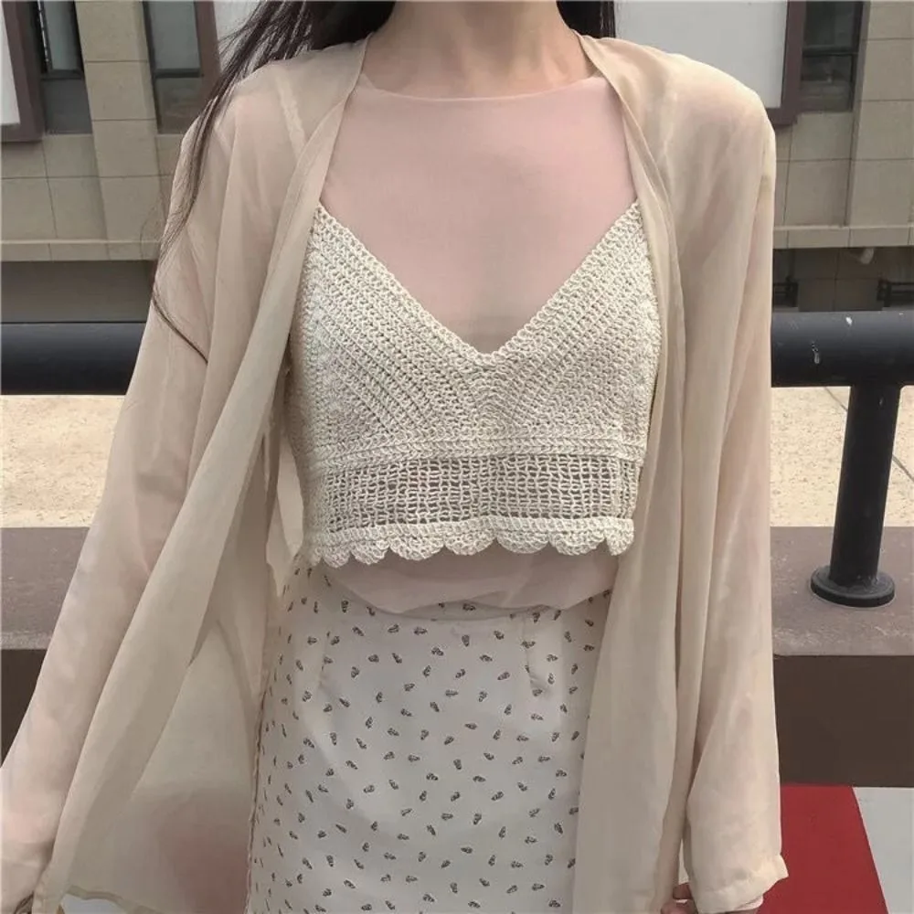 

Fashion Sleeveless Female Crochet Camisole V Neck Slim Bohemian Style Vest Hot Tops Tassel Knitting Crop Tops Girls