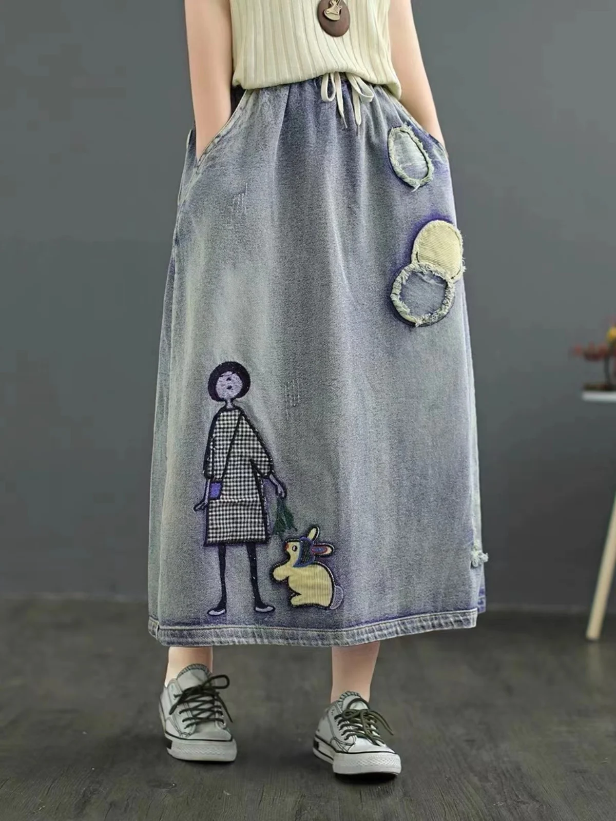 Authentic Cartoon Little Girl Embroidered Patchwork Denim Half Skirt Elastic Waist Distressed Mid-Length A-Line Skirt