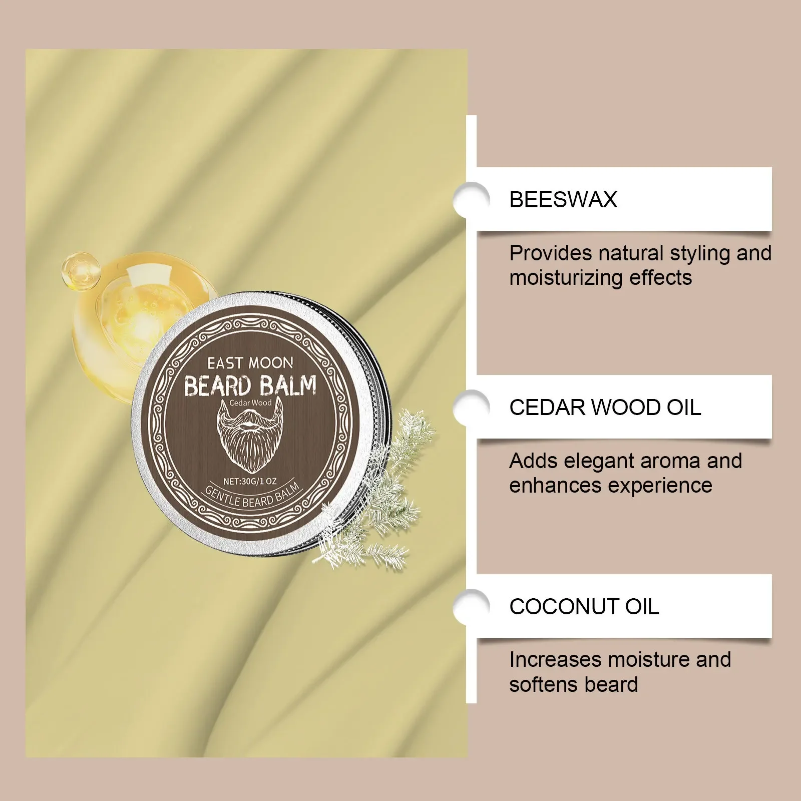 EAST MOON Cedar Beard Care Wax, Men's Beard Cedar Care Cream Nourishes Strong Beards Beard Balm for Men Natural Lasting Styling