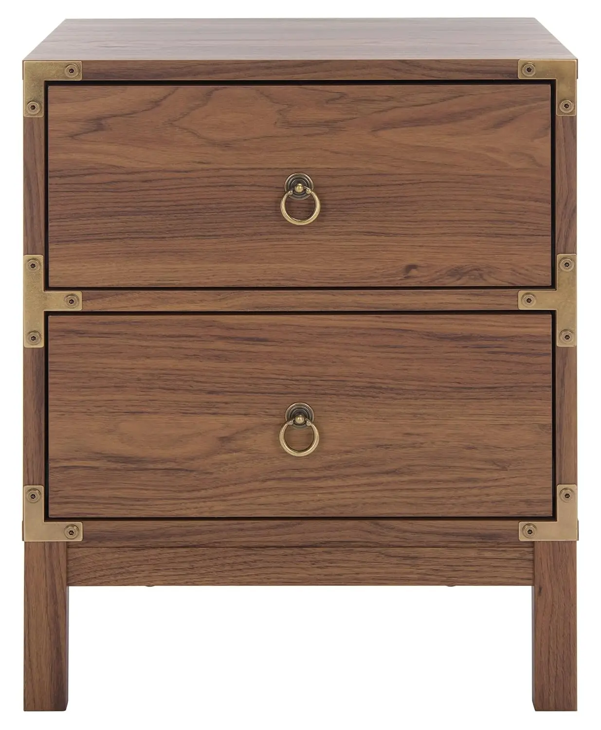 Walnut & Gold 2-Drawer Nightstand Vintage-Inspired Bedside Table with Storage for Bedroom, Customized