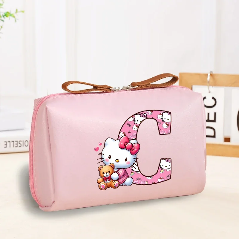 حقيبة مستحضرات التجميل سانريو هالو كيتي رسالة A-Z مطبوعة للنساء حقائب مكياج بلون سادة حقيبة أدوات الزينة مقاومة للماء حقيبة يد بسحاب للسفر