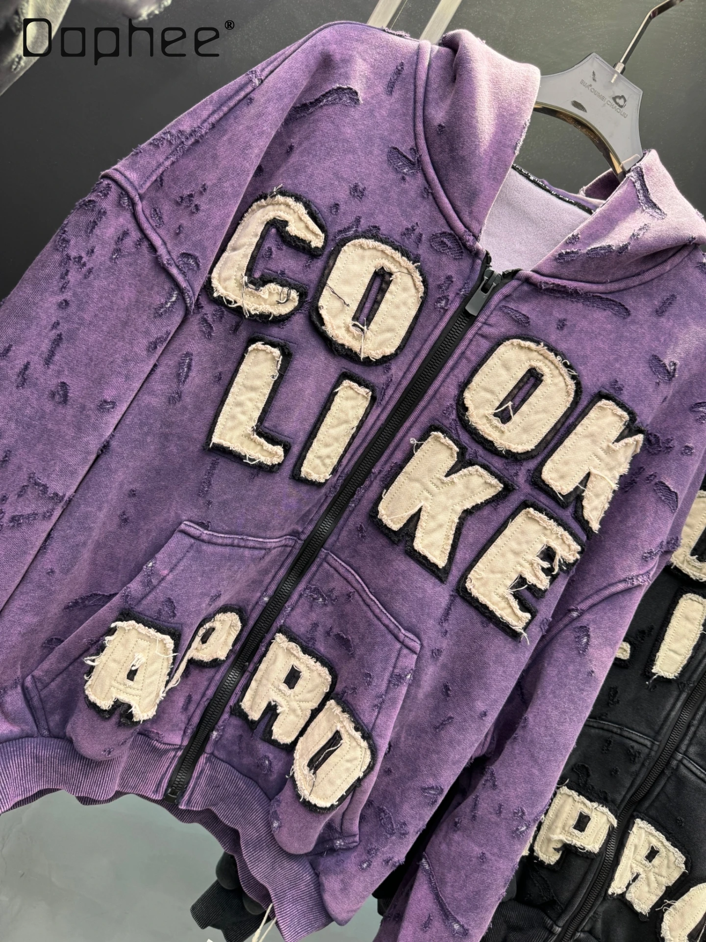 

American Retro Vintage Hoodies Women High Street Hooded Sweatshirt Jacket Autumn Winter New Trendy Brand Zip Up Hoodie