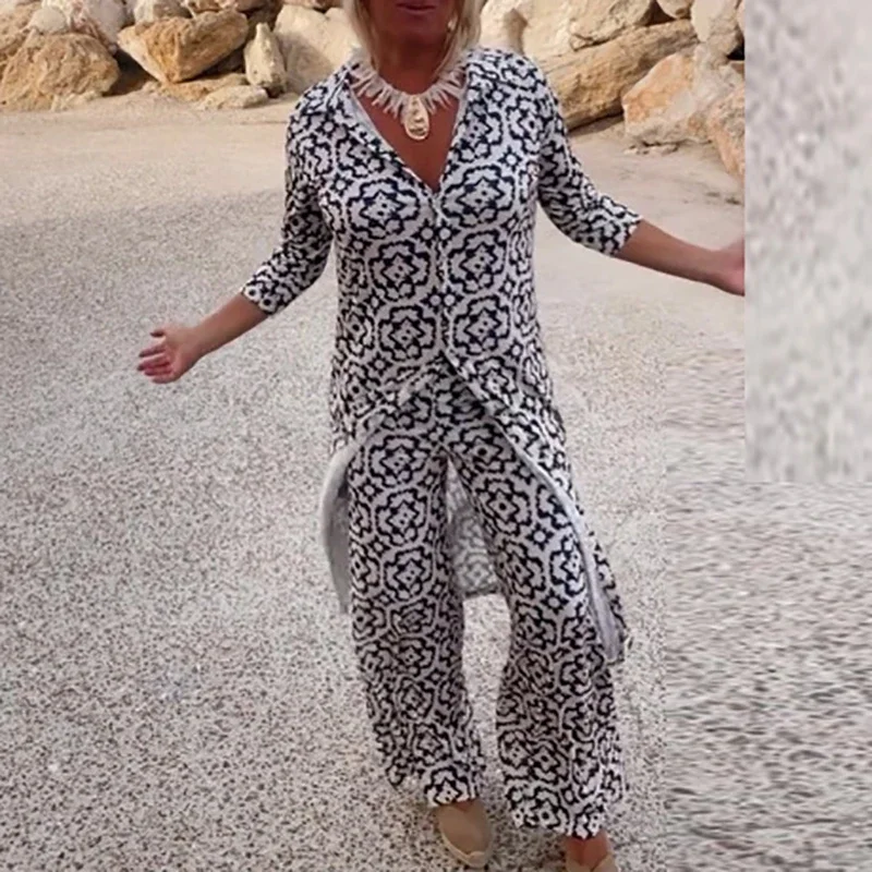 لطيفة الربيع الصيف رقيقة فضفاضة قطعتين مجموعة عارضة نمط مطبوعة البوهيمي الزي سيدة التلبيب نصف كم قميص مع السراويل الطويلة