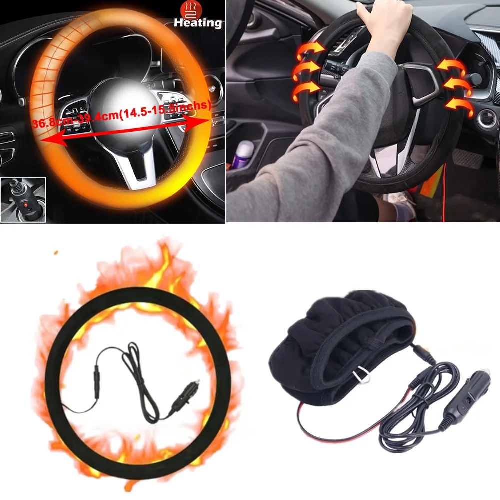 

38cm Winter Handle Cove Heated Car Steering Wheel Cover Sued Anti-Skid Steering Wheel Cover Heated Warm Protector Accessory