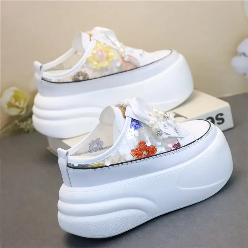 10cm Stylish Women's Slippers with Shiny Mesh Fabric Upper, Buckle Strap and Wedge Heels for a Fancy and Fine Look