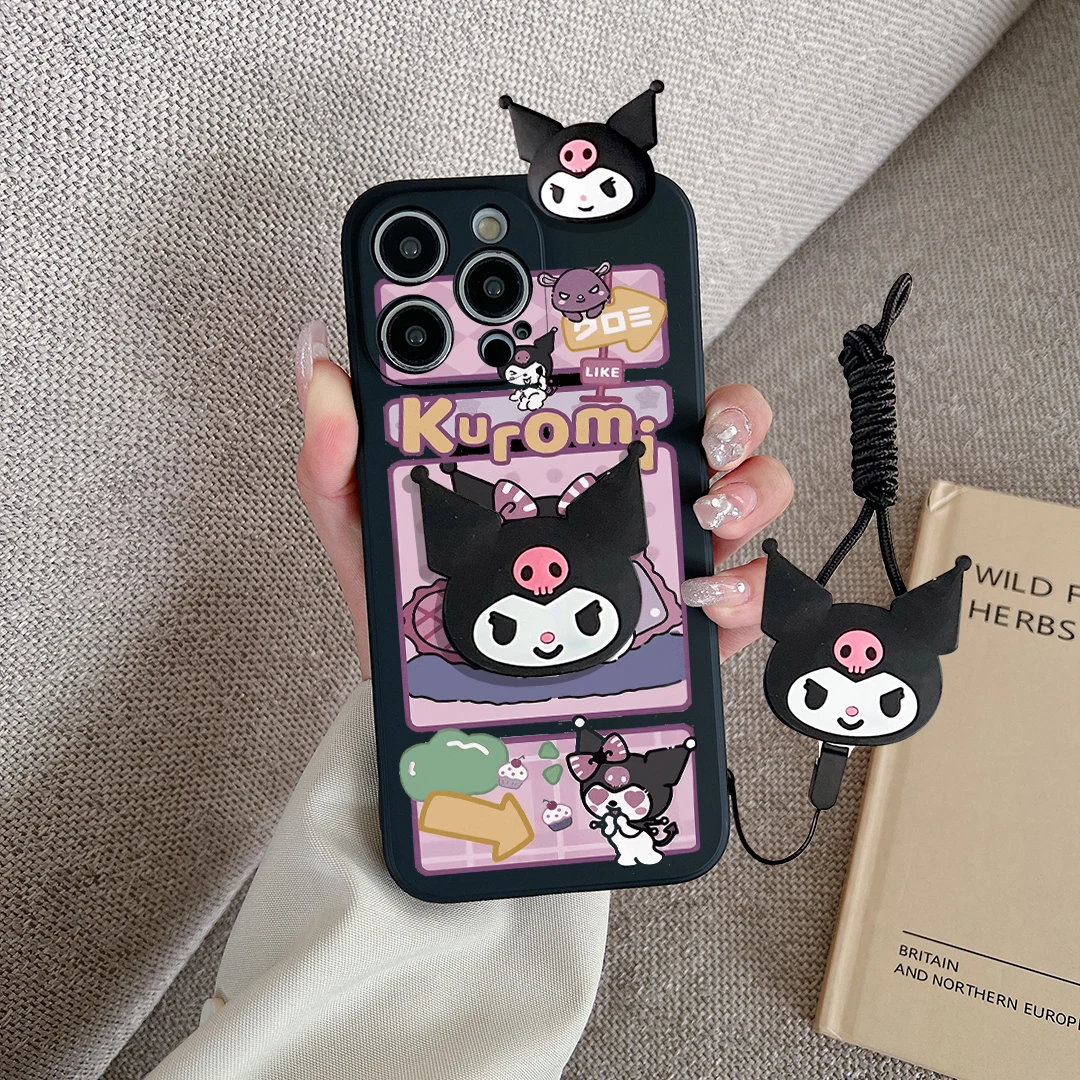 For Huawei P50 P50E P20 P30 P40 Lite P60 Pro Plus Cute Cartoon Kuromi Phone Case With Holder Lanyard Soft Silicone Cover