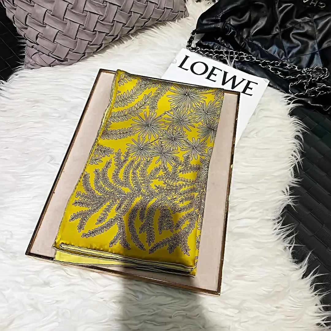 BYSIFA|Women Yellow 100% Mulberry Silk Scarf Winter Brand Floral Design 100% Mulberry Silk Square Scarves Fashion Hijabs Bufanda