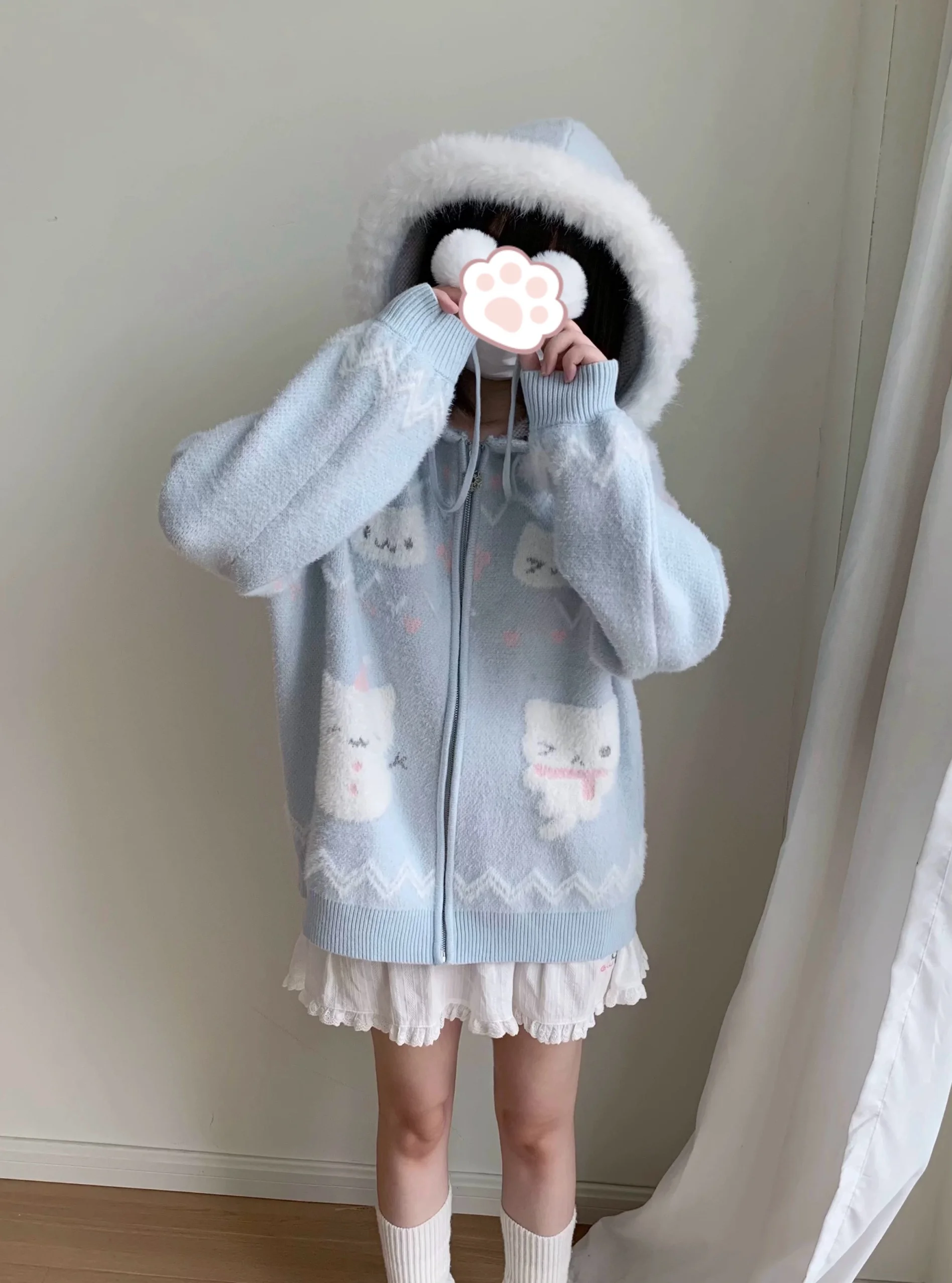 

Milk Blue Island Fair Isle Knitted Sweater Coat Autumn Winter Open Cardigan Hooded Faux Fur Soft Long Sleeve Warm Coat