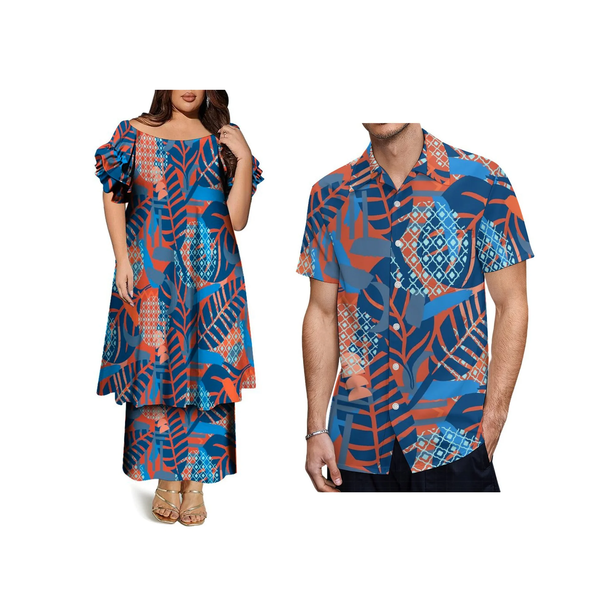 Custom Hawaii Print Green Samoa Puletasi Dress Big Size Women Double Frill Short Sleeve Dress off the Shoulder Long Dress 2pcs