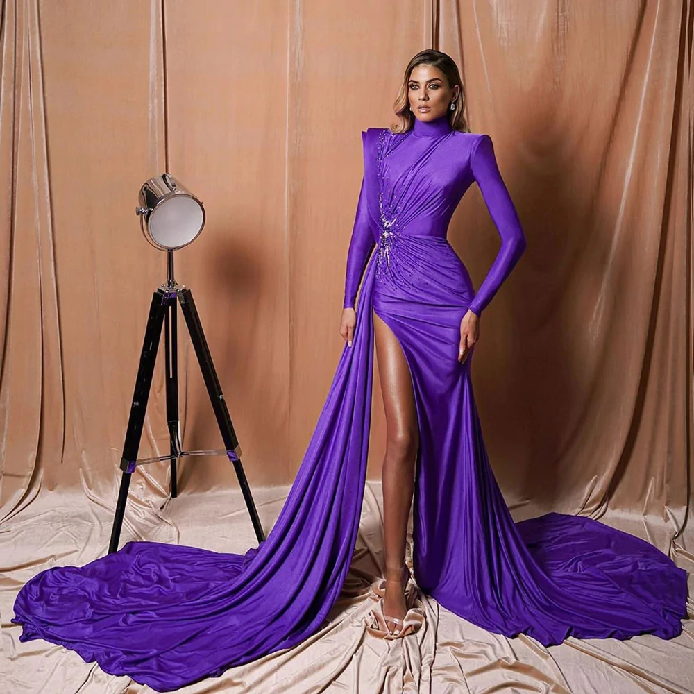 Demure Royal Purple Full Sleeves Long Women Dresses To Event 4 Ways Stretchy Fabric Side Overlay Beaded Prom Gowns