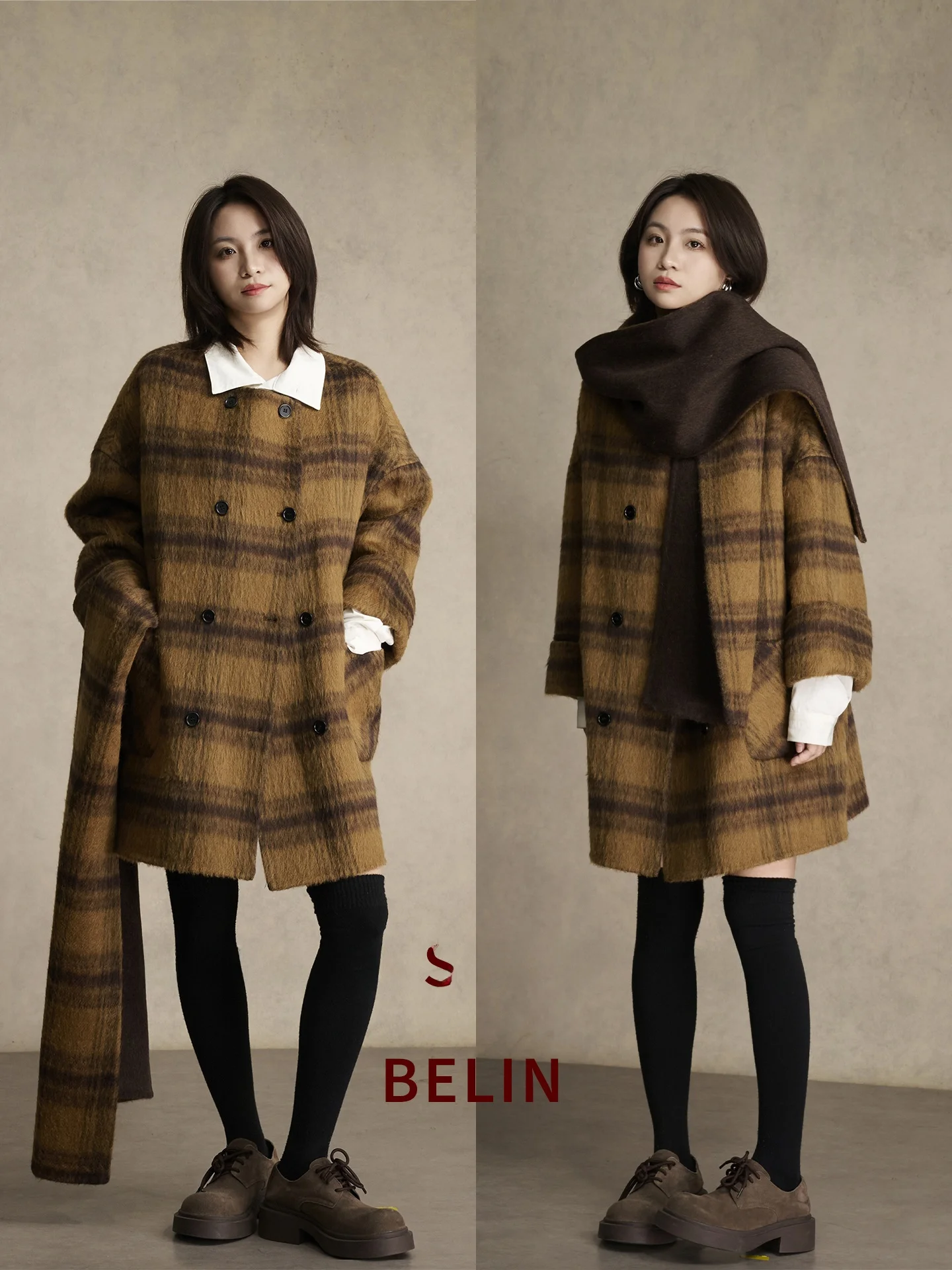 

Double-Faced Woolen Plaid Coat by BELIN with Scarf Design Alpaca Wool Mid-Length Double-Breasted Women's Outerwear
