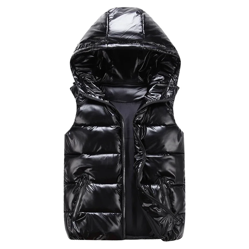 Men\'s Sleeveless Jacket Fashion Shiny Vest Winter Warm Hood Pocket Cotton Padded Waterproof Red Black Autumn Down Waistcoat Male