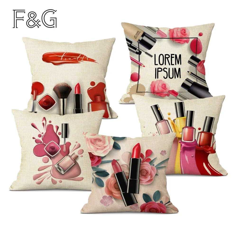 Nail Polish Lipstick Printing Cushion Cover Cosmetics Pattern Decorative Throw Pillow Case for Home Decor Pillowcase