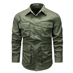 Men Long Sleeved Multi Pockets Cargo Shirts High Quality Man Outdoor Loose Tooling Shirts New Spring Male Cotton Shirts Size 5XL