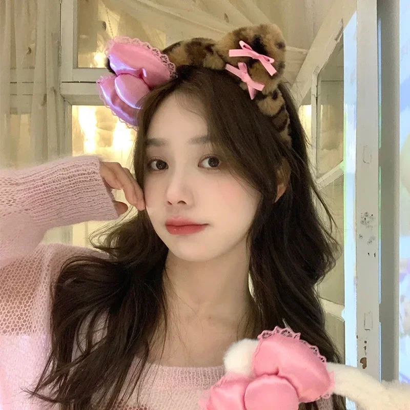 Bandeau en peluche imprimé léopard Y2k, 1 à 20 pièces, oreilles de chat, Kawaii, ornement de cheveux pour fille, couvre-chef, accessoire de cheveux à la mode Lolita, cadeau de fête