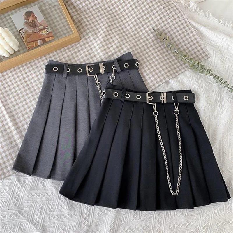 Punk Mini Skirt Women Chain Belt Rock Belted Pleated Gothic Skirts Mini Korean Casual Y2K Harajuku Solid Spring Autumn Skirts