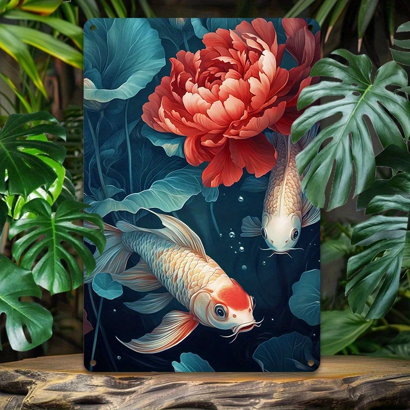 Room Decor, Koi Fish and Lotus Flower Aluminum Wall Art, Vintage Metal Tin Sign, Waterproof, Pre-Drilled, 7.9x11.8