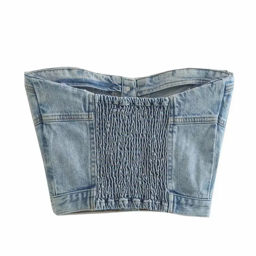 Vintage Women Fashion Short Tube Tank Tops Strapless Denim Bandeau Sleeveless Crop Vest Club Party Costume Strapless Jeans Vest