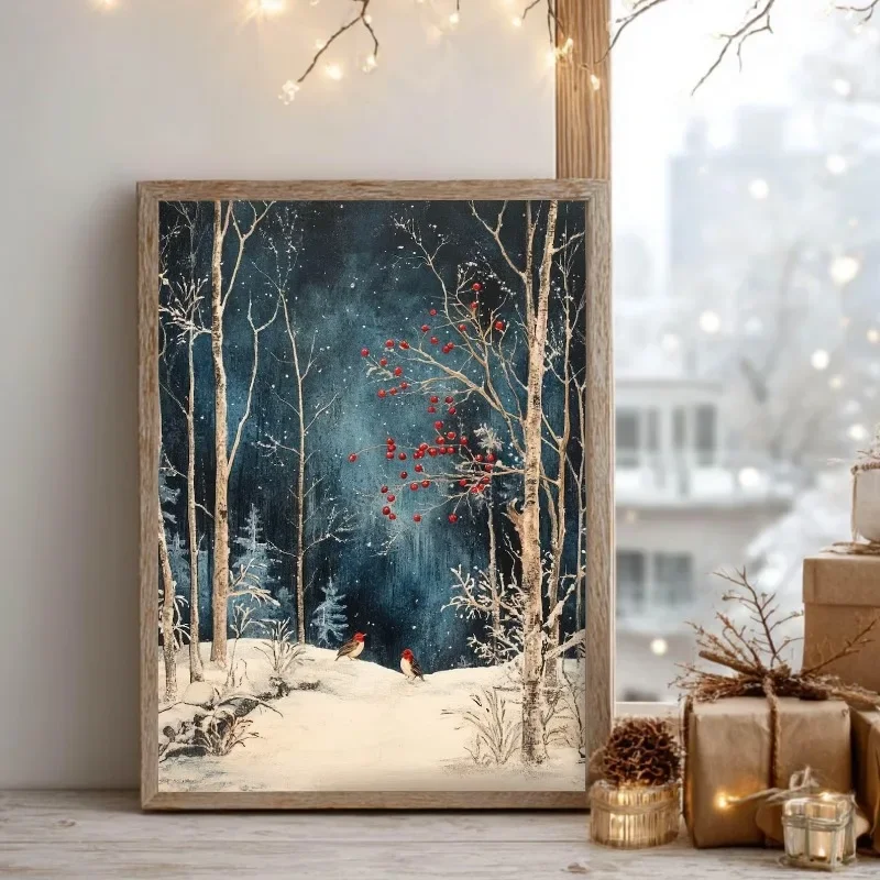Winter Snowy Birch Forest Red Berries Birds Poster Frameless Canvas Wall Art Dark Blue Night Scene Festive Holiday Cozy Decor