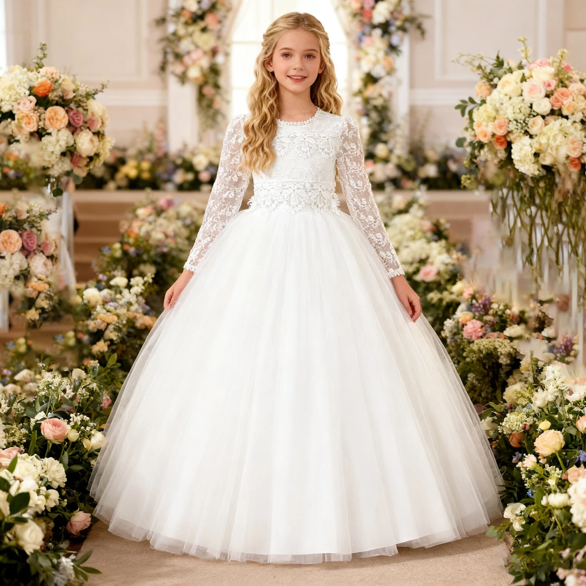 

Elegant Tulle Baptism Bridesmaids Girls Dresses Long Sleeve Wedding Princess Party Prom Dress for Girl Birthday Evening Costumes