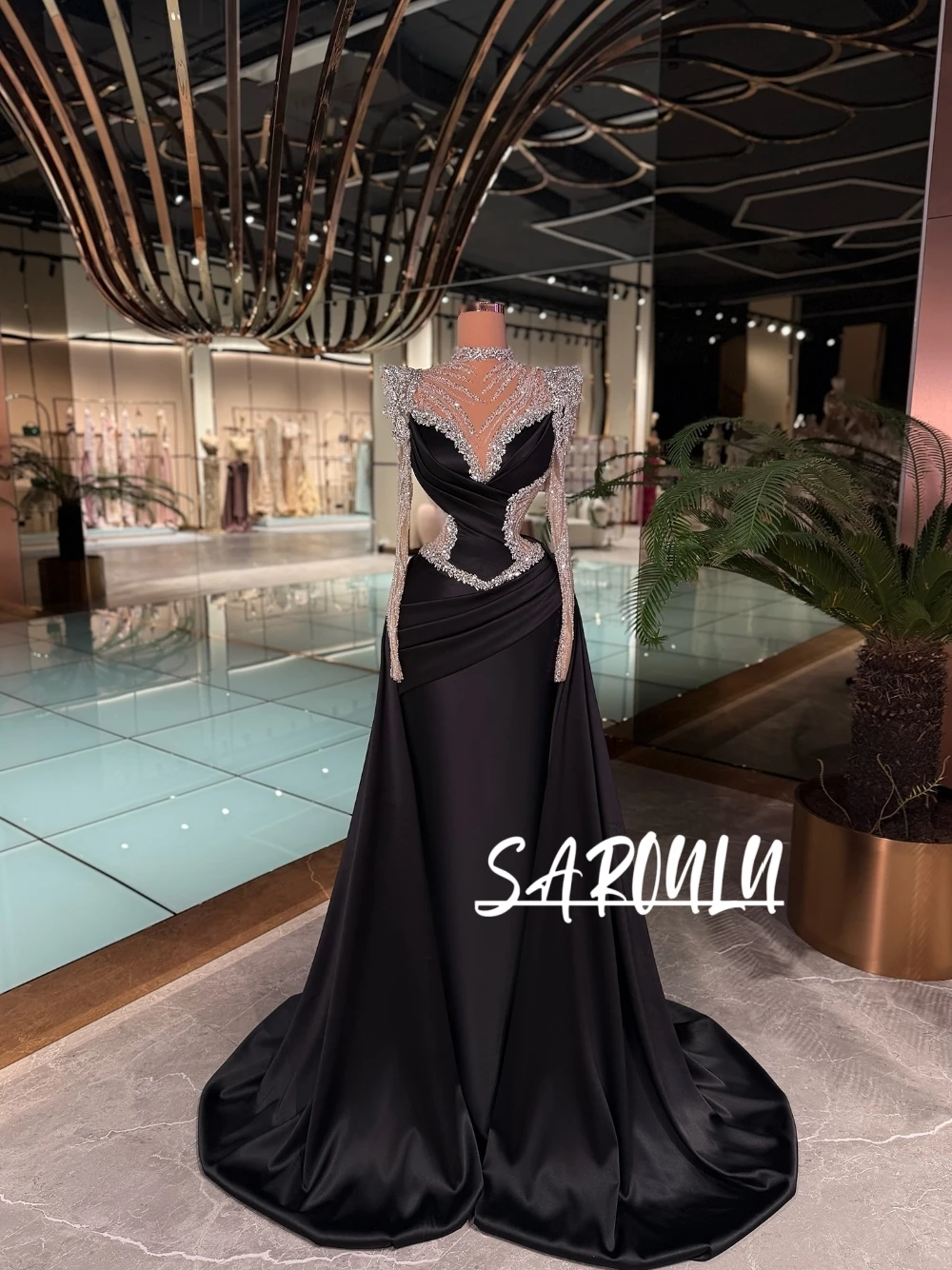 

Elegant Black Satin Mermaid Evening Dress With Intricate Crystal Detailing Customized High Neck Long Sleeve Shiny Formal Wear