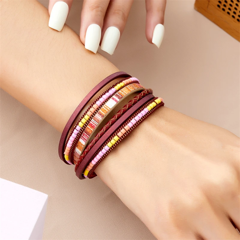Böhmische Vintage mehr schicht ige Leder armbänder für Frauen hand gefertigte gewebte Leder breite Magnet verschluss Herren Armreif Modeschmuck – Detail 34